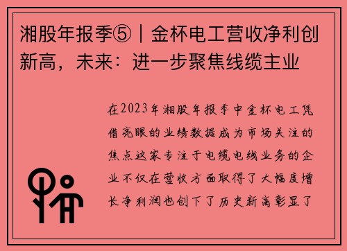湘股年报季⑤｜金杯电工营收净利创新高，未来：进一步聚焦线缆主业