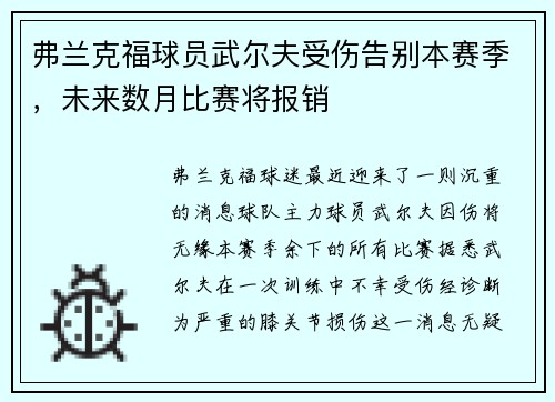 弗兰克福球员武尔夫受伤告别本赛季，未来数月比赛将报销