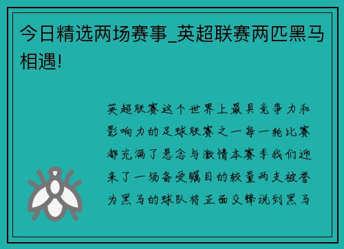 今日精选两场赛事_英超联赛两匹黑马相遇!