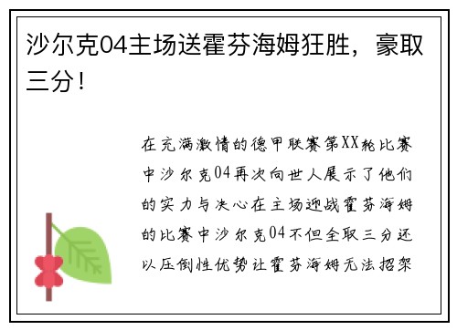 沙尔克04主场送霍芬海姆狂胜，豪取三分！