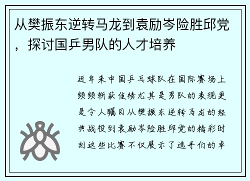 从樊振东逆转马龙到袁励岑险胜邱党，探讨国乒男队的人才培养