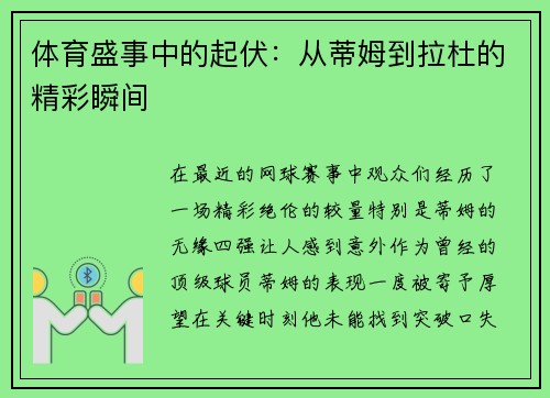 体育盛事中的起伏：从蒂姆到拉杜的精彩瞬间
