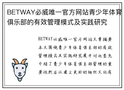 BETWAY必威唯一官方网站青少年体育俱乐部的有效管理模式及实践研究
