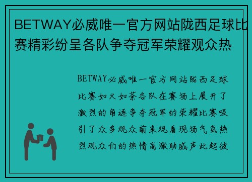 BETWAY必威唯一官方网站陇西足球比赛精彩纷呈各队争夺冠军荣耀观众热情高涨
