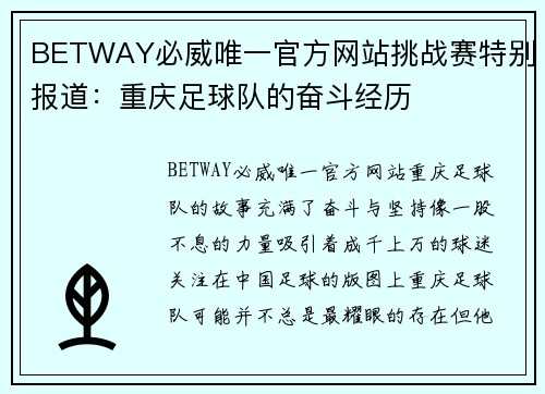 BETWAY必威唯一官方网站挑战赛特别报道：重庆足球队的奋斗经历