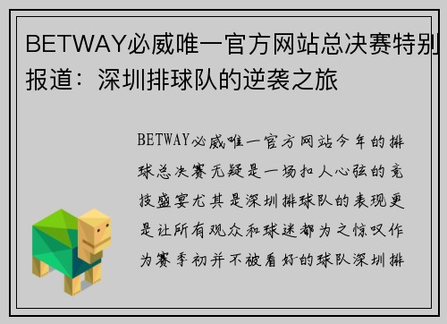 BETWAY必威唯一官方网站总决赛特别报道：深圳排球队的逆袭之旅